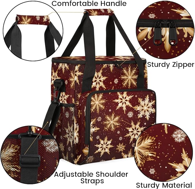 Xmas Snowflakes Coffee Maker Carrying Bag Bright Snowflakes Travel Storage Bag Compatible with K-Mini or K-Mini Plus Single Serve Coffee Brewer Carrying Case with Multiple Pockets &amp Shoulder Str