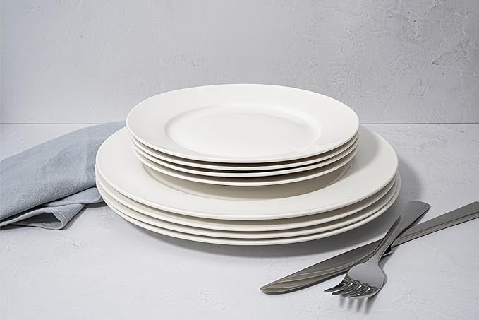 New Bone China 12 Piece Dinnerware Set Santorini Collection (Pure) White Daily Use China Tableware Service for 4
