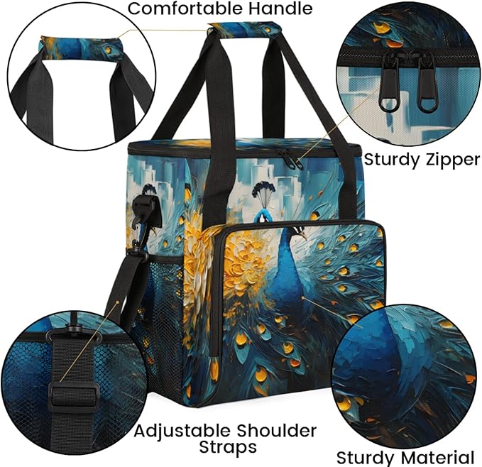 Peacock Print Coffee Maker Travel Bag for Keurig K-Mini/K-Mini Plus Insulated Waterproof Tote with Pockets for K-Cup Portable Single-Serve Brewer Case