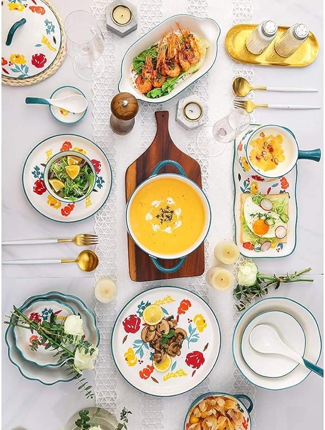 Dinner Set for Luxury Restaurant and Home Ceramics Dinner Sets Bowl &amp Soup Pot &amp Plate | 26 Pieces French Retro Style Porcelain Dinnerware Set