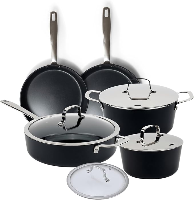 Alva Maestro 9-Piece Ceramic Nonstick Cookware Set – Free of PFAS PTFE &amp PFOA Non-Toxic Pots &amp Pans + Lids – Induction &amp Oven Safe (400°F) Easy Clean Ceramic Coated Aluminum Kitchen Co