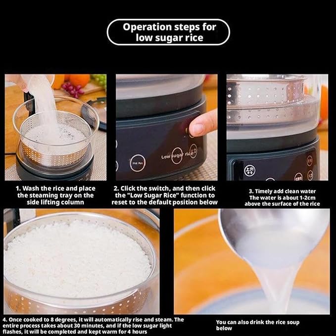 3L Low Sugar Rice Cooker Automatic Lifting Sugar Removal Rice Cooker Transparent Glass Pot 4 Gear Firepower (White)