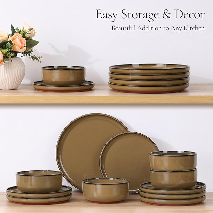 E-far Stoneware Dinnerware Sets for 8 24 Pieces Reactive Glaze Plates and Bowls Sets Elegant Dishes with Rustic Terracotta Clay Base Dishwasher &amp Microwave Safe Scratch Resistant Desert Camel