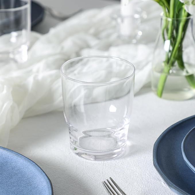 Stone Lain Rio Stoneware 32 Piece Dinnerware Set Blue Plates and Bowls Sets with Fluted Glass Cups Textured Dish Set for 8 Microwave &amp Dishwasher Safe
