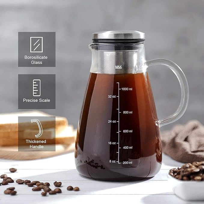Cold Brew Iced Coffee Maker 34oz Brewed Coffee Pot with Removable Double Mesh 304 Stainless Steel Filter BPA-Free Cold Brew Pitcher Glass Container Tea Maker