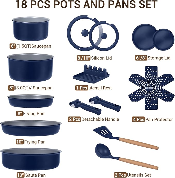 Ammeloo 18-Piece Ceramic Pots and Pans Set Non Stick Non Toxic Cookware Set with Removable Handles Pot Sets for Cooking Induction Ready Dishwasher &amp Oven Safe PFAS PFOA &amp PTFE Free (Navy