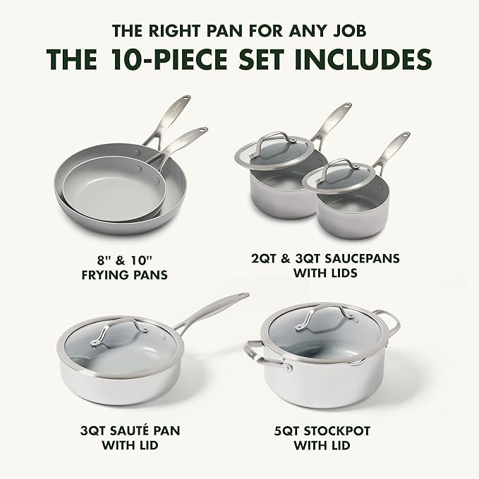GreenPan Venice Pro 10 Piece Cookware Set Stainless Steel Non-Toxic PFAS-Free with Ceramic Nonstick Coating Induction Suitable Glass Lids Multi Clad Dishwasher &amp Oven Safe Silver