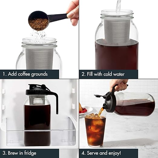 Primula Mason Jar Cold Brew Iced Coffee Maker with Stainless Steel Filter and Easy Pour Lid Durable Glass Pitcher Fits in Most Fridge Doors Dishwasher Safe Made without BPA 2-Quart Black