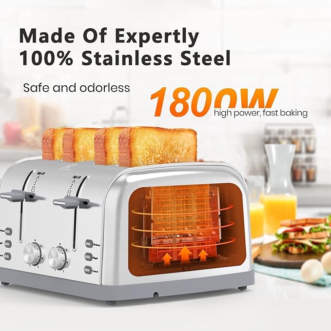 Toaster 4 Slice Retro Stainless SteelBest Prime 4 Slice Toaster Wide Solt with 7 Shade Settings Perfect for Waffles Bagels and More Lainsten T-527