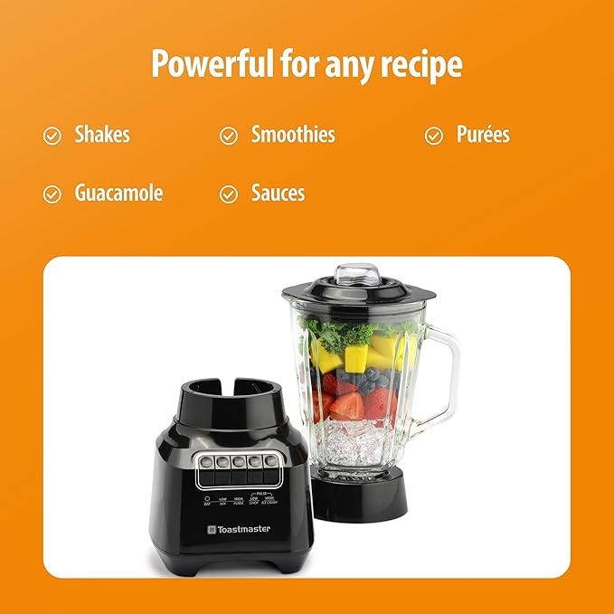 Toastmaster 400 Watt Blender with 48 oz Glass Jar - For Fruit Smoothies Shakes &amp More - Powerful Kitchen Blender with Multiple Speeds - Stainless Steel Blades