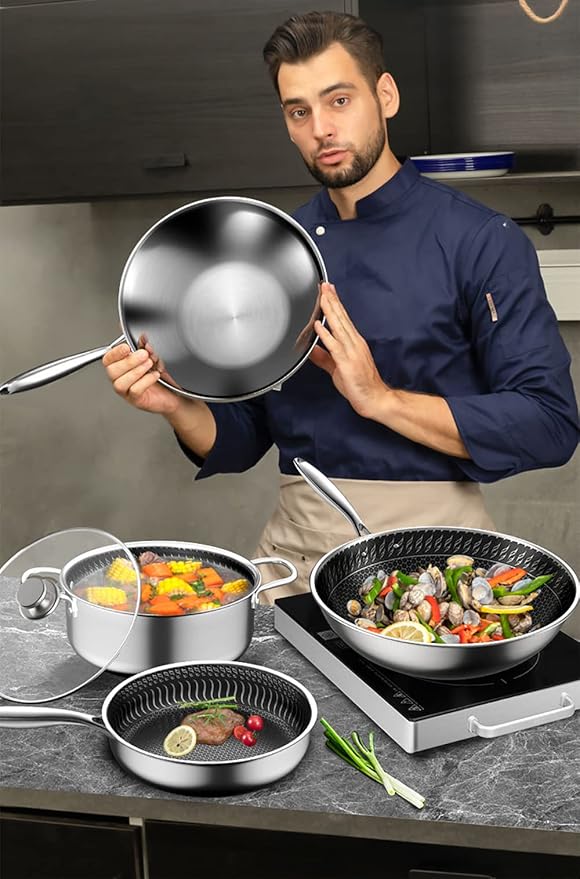 316 Stainless Steel Premium Non-stick Cookware 3 Pieces Set 28CM Frying Pan32CM Wok Pan With Lid26CM Flat-Bottomed Soup Pot With Lid