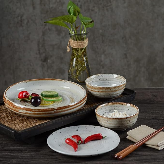 Dinnerware Sets Porcelain Bowls and Plates Sets Ceramic Dinnerware Set Retro 16 Pcs Stoneware Dishes Set for 4 Plate/Bowl Tableware Comb