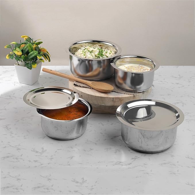 Vinod Stainless Steel 3 pc Pot Set with Capacity of 1.4 litres 1.8 litres &amp 2.2 litres with Stainless Steel Lids (Gas Stove and Induction Friendly) - Silver