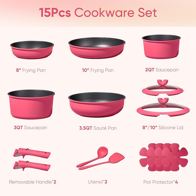 CAROTE 15pcs Pots and Pans Set Non Stick Cookware Set Non Toxic with Detachable Handle Induction Kitchen Cooking Set Dishwasher/Oven Safe RV/Camping Cookware