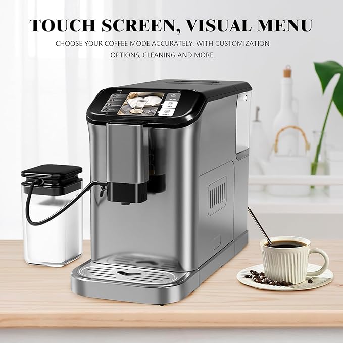 Fully Automatic Espresso Coffee Machine With Touch Screen20 Bar Espresso Machine With Automatic Milk Frothing and Adjustable Espresso Bean Grinder 1.5L Serve Coffee Maker for Home