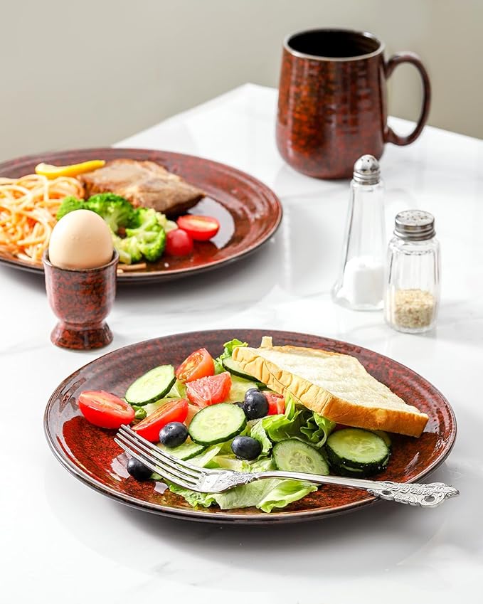 Hasense Stoneware Dinnerware Set 20 oz Ceramic Coffee Cups 10 Inch Large Ceramic Salad Plates Microwave Dishwasher Safe Red