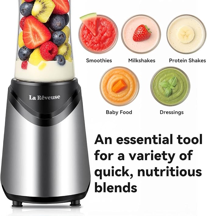 La Reveuse Smoothies Blender Personal Size 300 Watts with 18 oz BPA-Free Portable Travel Sports Bottle Silver