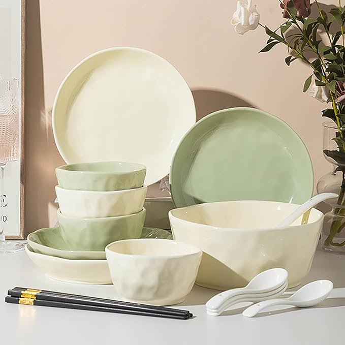 18 Pieces Plate and Bowl Set for 4 Cream Style Kitchen Dishes Set High Temperature Firing Dinnerware Sets Thick Durability Dishware Sets Easy to Heat and Clean Two Combinations of Round/Square Plate(R