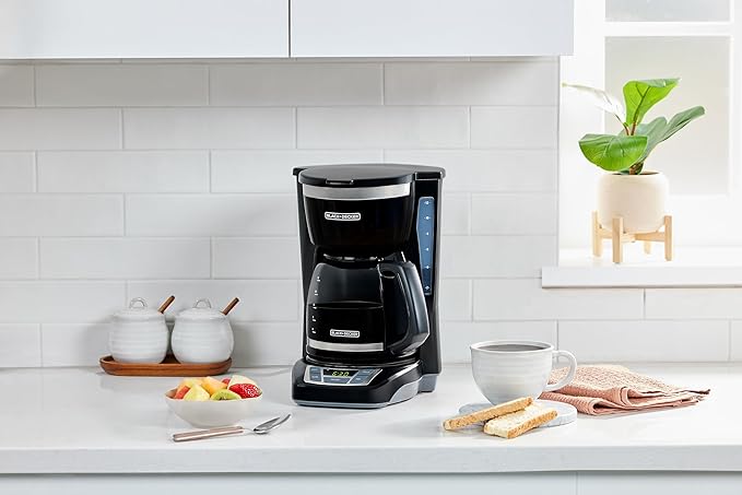 BLACK+DECKER 12-Cup Digital Coffee Maker Programmable Washable Basket Filter Sneak-A-Cup Auto Brew Water Window Keep Hot Plate Black