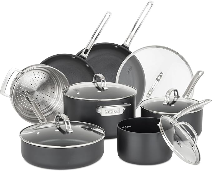Viking Pots and Pans Set Non Stick12 Piece Hard Anodized Kitchen Cookware with Glass Lids Black