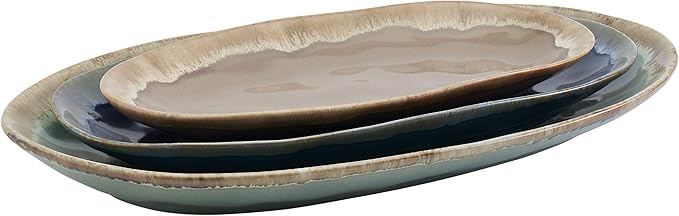 Tabletops Gallery Tuscan Reactive Glaze Stoneware- Platter Serving Bowl Mixing Bowl Mug Tuscan 3 Piece Oval Serving Platter Set (Blue Green and Brown)