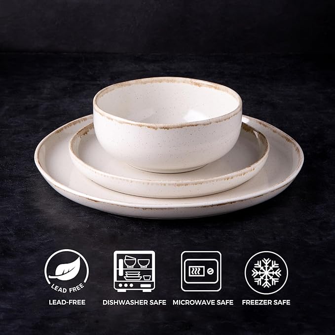 AmorArc Ceramic Dinnerware Sets Wavy Rim Stoneware Plates and Bowls Sets Highly Scratch Resistant | Dishwasher &amp Microwave Dishes set Service for 4 (12pc)-Speckled Cappuccino)