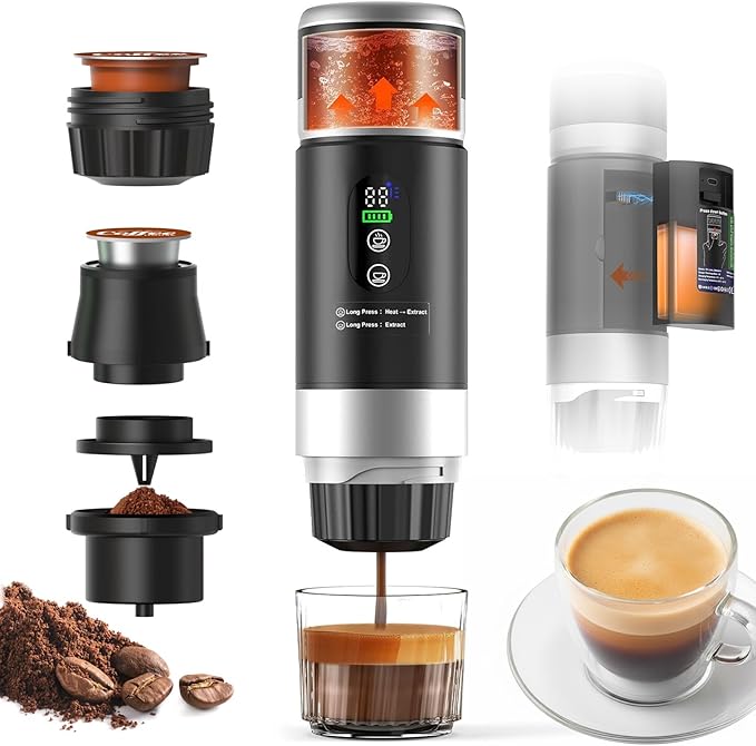 Portable Espresso Machine with Removable Battery 20-Bar Mini Travel Coffee Maker USB-C Self-Heating 3-in-1 for Ground Capsules &amp Pods (NS/DG) Car/Office/Home Use 6.8-oz Compact Espresso Make