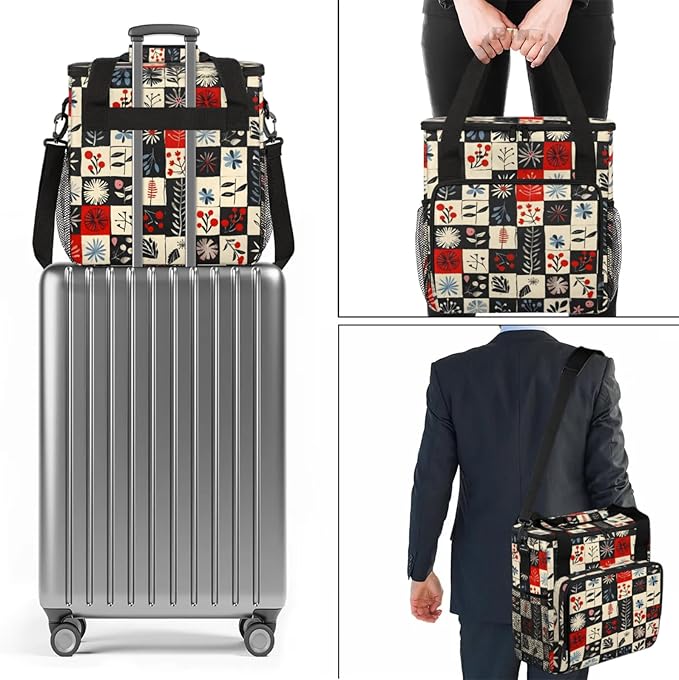 Flowers Leaves Plaids Coffee Maker Travel Bag for Keurig K-Mini/K-Mini Plus Insulated Waterproof Tote with Pockets for K-Cup Portable Single-Serve Brewer Case