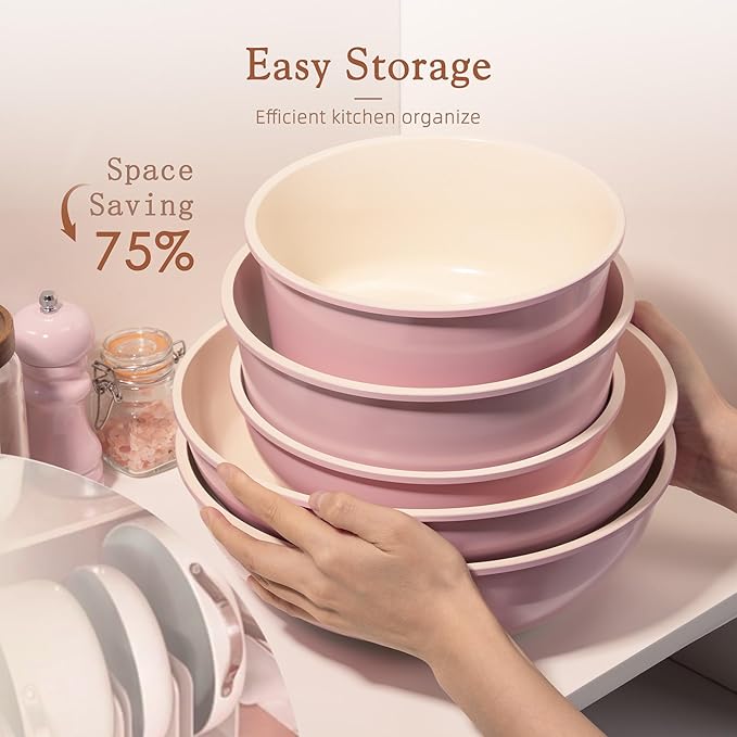 Astercook 21 Pcs Pots and Pans Non Stick Ceramic Cookware Set Detachable Handles RV Kitchen Cooking Set Oven Safe Induction Ready Stackable Pink
