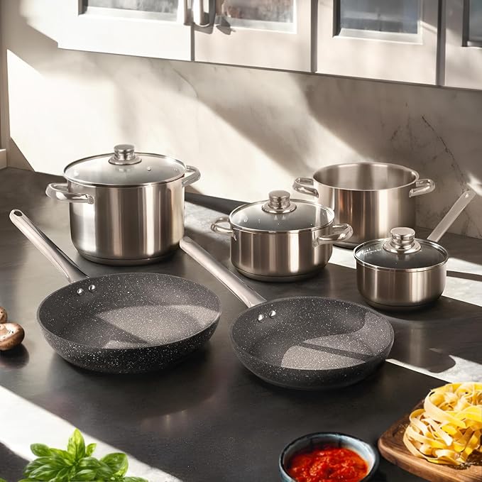 Grand Family 9Pcs Cookware set Stainless steel pots Nonstick aluminum frying pans PFOA-free Induction safe Oven-safe up to 356°F