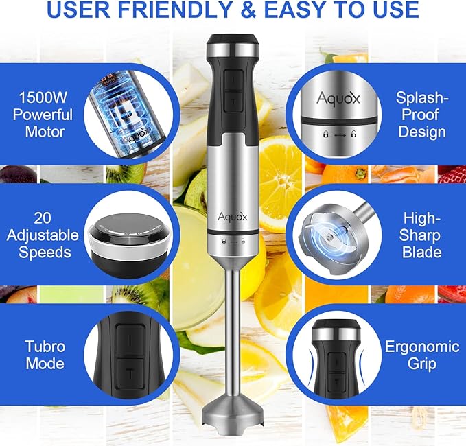 Immersion Blender 5 in 1 Handheld Blender 1500W 20 Speed Mode&ampTurbo Boost Heavy Duty Motor Electric Hand Blender with Chopper Whisk Frother Beaker for Baby Food Sauce Soup Aquox
