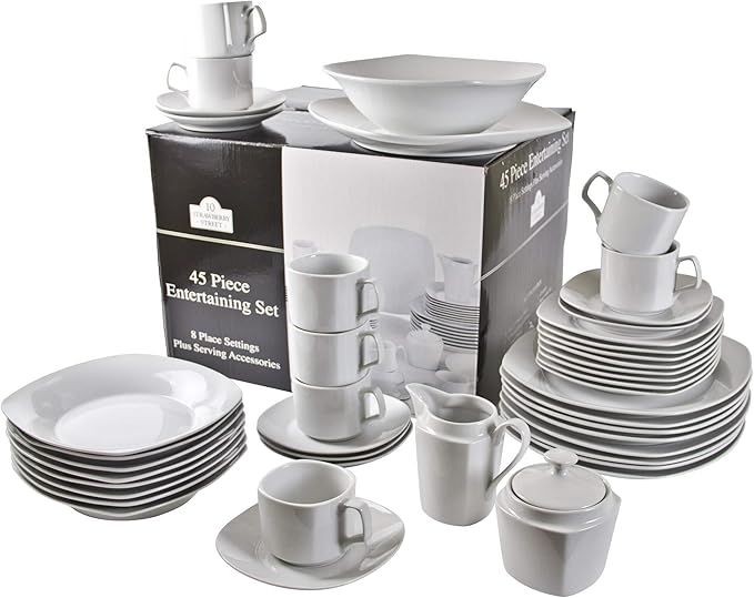 Square Dinnerware 45-piece Set White Solid Casual Round Porcelain 45 Piece Dishwasher Safe Microwave