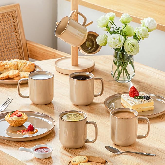 vancasso ONION Ceramic Plates and Bowls Sets 12 Pieces Brown Dinnerware Sets and 12 oz Coffee Cups Ceramic Stoneware Mugs with Handle for Latte Tea