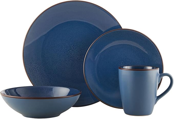 Pfaltzgraff Pierce Blue 16-Piece Dinnerware Set - Durable Stoneware Service for 4 with Unique Reactive Glaze - Includes Plates Bowls Mugs - Dishwasher Safe &amp Microwave Safe for Everyday Dining