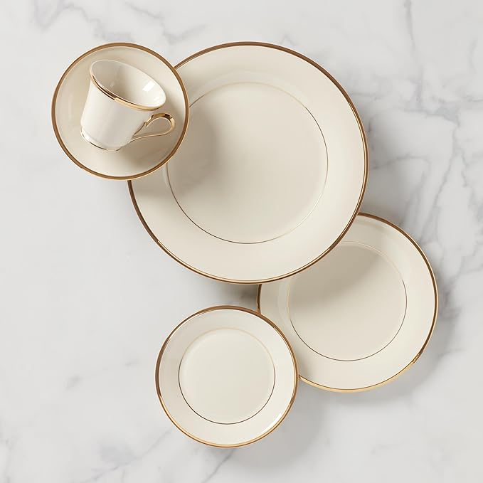 Lenox Dinnerware Set Eternal 5-Piece Place Setting 24-Karat Gold Accents Set Service for 1 Made Of Ivory Porcelain Dishwasher Safe Plates Cups And Saucers Home And Kitchen (Ivory 5 Pcs)