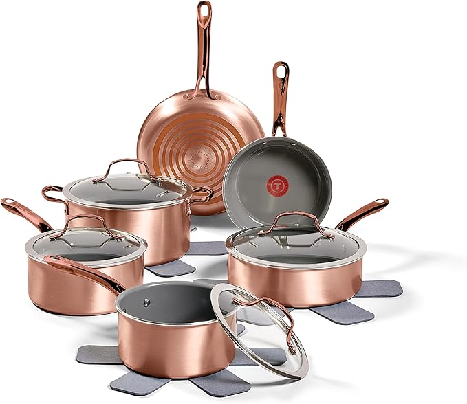 T-fal Preserve Ceramic Non stick Cookware Set 13-Piece Oven &amp Broiler Safe up to 350°F Includes Stockpot Saucepans Frying Pans Protectors Pots and Pans Rose Gold