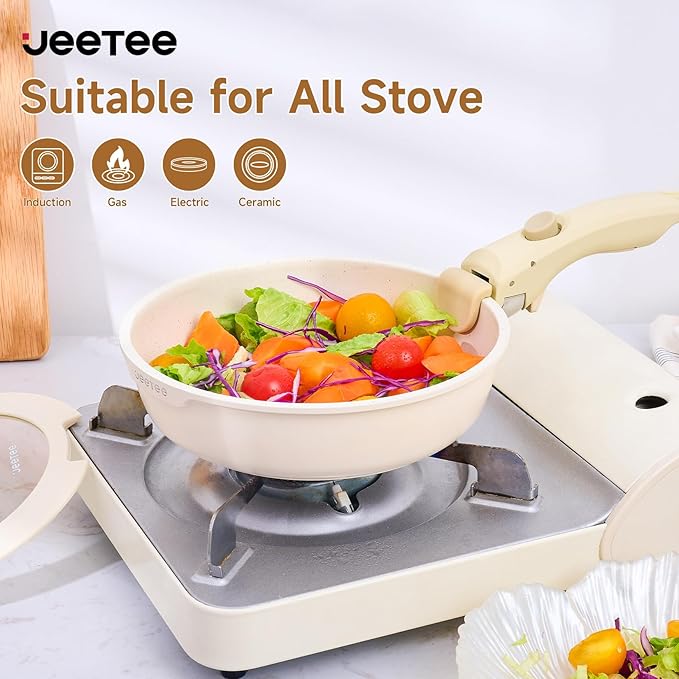 JEETEE 25pcs Pots and Pan Set Non StickDetachable Handle Cookware SetInduction Cooking &amp RV Camping Stackable Pots PansHealthy Kitchen Cookware Set PFAS/PFOA Free Beige