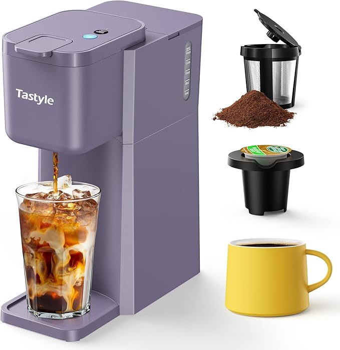 Mini Hot and Iced Coffee Maker Single Serve for K Cup and Ground 6 to 14 Oz Brew Sizes with Recipe Book for Home Travel RV Office and Dorm Violet