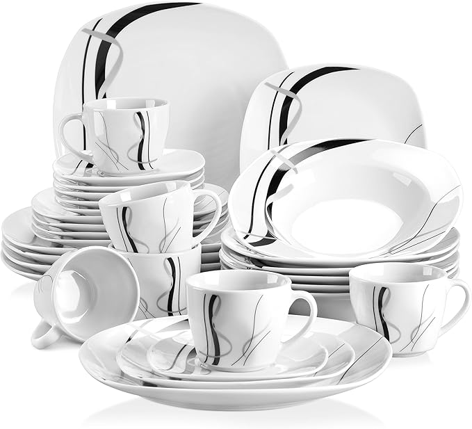 VEWEET Series Fiona 30-Piece Dinnerware Sets for 6 White Dishes Set with Black and Gray Stripes Porcelain Dinner Set Including Dessert Plates Soup Plates Dinner Plates Cups &amp Saucers