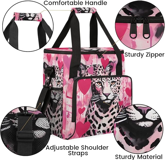Leopard Love Heart Coffee Maker Travel Bag for Keurig K-Mini/K-Mini Plus Insulated Waterproof Tote with Pockets for K-Cup Portable Single-Serve Brewer Case