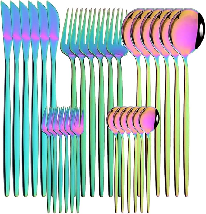 pureza 30Pcs Stainless Steel Black Gold Dinnerware Set - Cutlery Set For Kitchen &amp Dining Table(Rainbow)