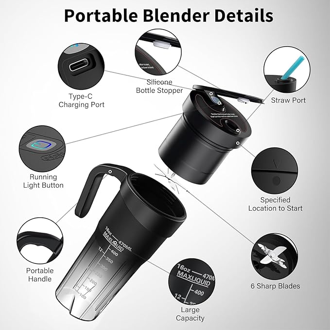 Portable Blender For Shakes 16oz Rechargeable With 6 Sharpness Multifunctional Cup Multifunctional Cup Handheld Juicer Office