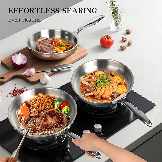 EWFEN Stainless Steel Cookware Set 3 Ply 17 Piece Stainless Steel Pot and Pan Set Oven Dishwasher Safe | Induction Compatible Frying Pans Saucepans Saute Pan &amp Stock Pot PFOA PTFE &amp PFOS