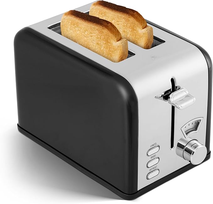 YSSOA Stainless Steel Toaster 2 Slice with 1.5” Wide Slot &amp Removable Crumb Tray 5 Shade Options and Bagel/Defrost/Cancel Functions for Various Bread &amp Waffle Retro Black