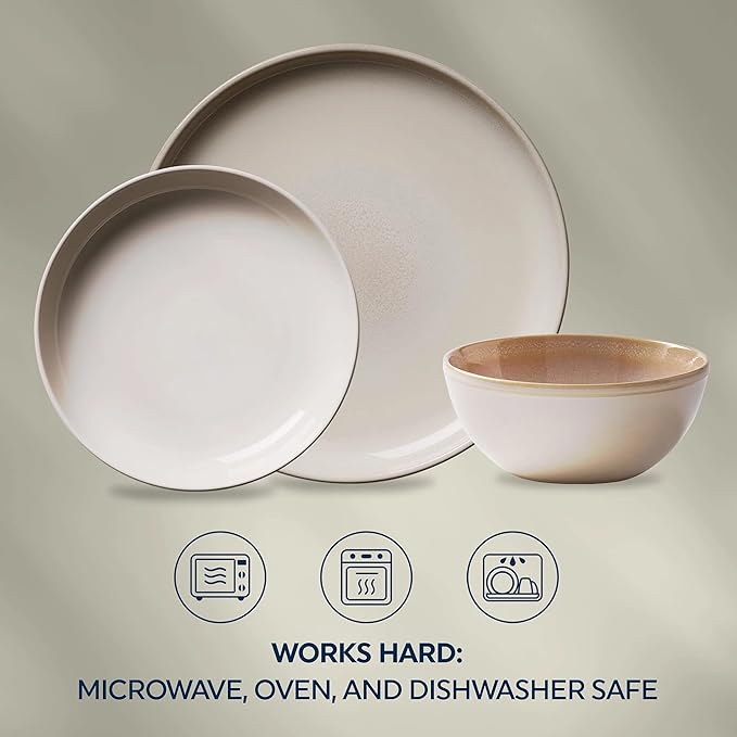 Corelle Stoneware Dinnerware Set Handmade Reactive &amp Solid Glazed Ceramic Plates and Bowls Modern Rustic Style Round Dishes Service for 4 Oatmeal 12 PIECE SET