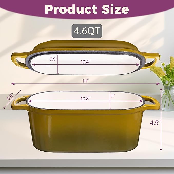 4.6-Quart Oval Dutch Oven 2 in 1 Cast Iron Bread Pan with Lid Sourdough Bread Dutch Oven for a Crispy Crust Olive