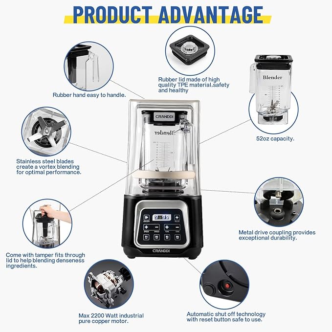 CRANDDI Commercial Smart Smoothie Blender - 2200W High-Power Professional Blenders for Smoothies &amp More 4 Pre-Set Programs Quiet Blender with Removable Shield 52oz Jar 120V K80TS (Black)