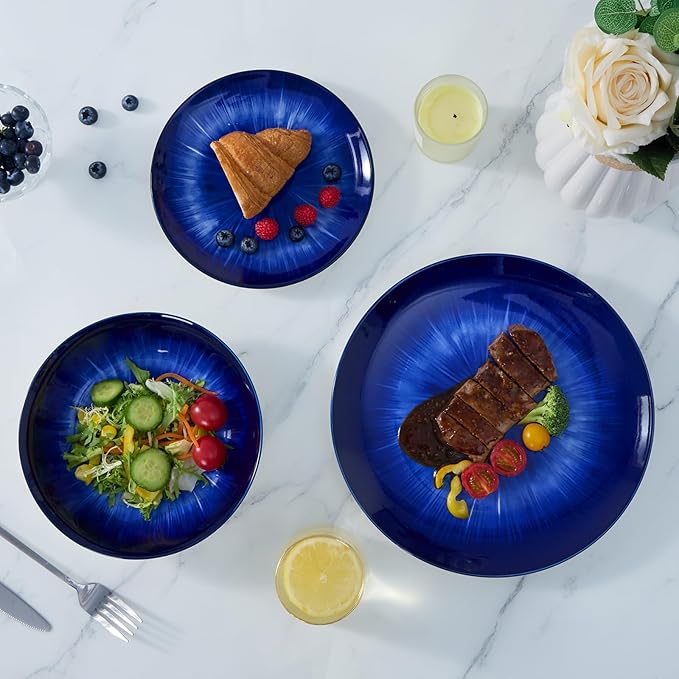 Bestone 12 Piece Round Kitchen Dinnerware SetsPlates and Bowls setsDishes Plates Bowls Dish SetPlates and BowlsService for 4 Chip Resistant Porcelain Starburst Turquoise Dark Blue