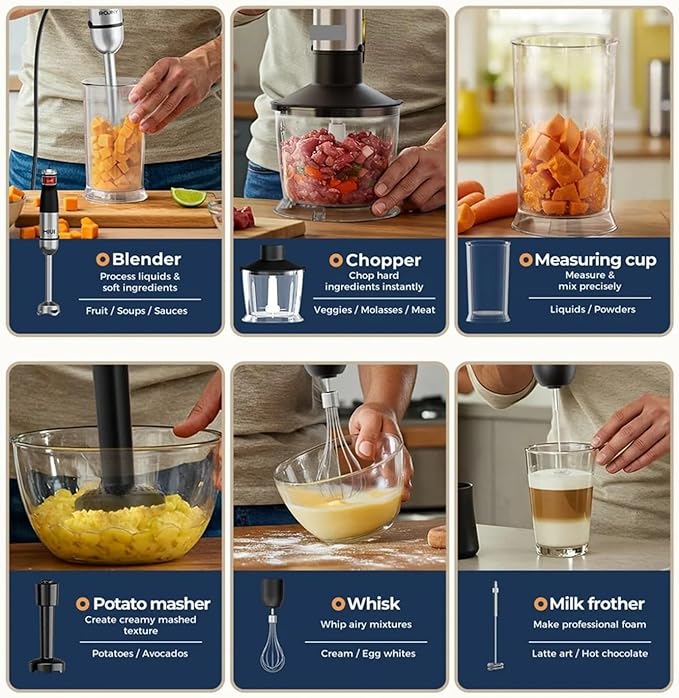 Fit for 6-in-1 Electric Hand Held Stick Blender - Powerful 1500W Immersion Blender with Stainless Steel Blades for Home &amp Kitchen Use(UK PLUG_6 IN 1)