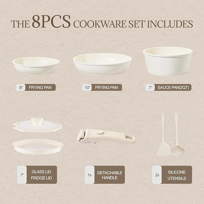 Ceramic Cookware Set Non Stick 8Pcs Pots and Pans Set Detachable Handle Induction Kitchen Cooking Set with Frying Pans Oven Dishwasher Safe PFAS/PFOA Free Cream White